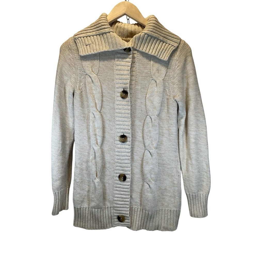 VTG Y2K Cable Knit Cardigan Sweater Womens Small Beige Fisherman Grandpa GH Bass